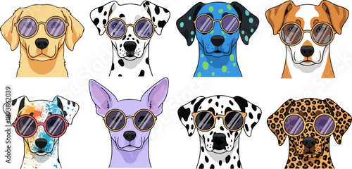 Collection of eight distinct cartoon dog avatars featuring various breeds all wearing stylish round sunglasses for a cool aesthetic design
