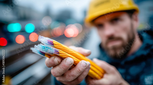 Close-up of construction technician holding fiber optic cables at an urban job site with blurred traffic lights in the background