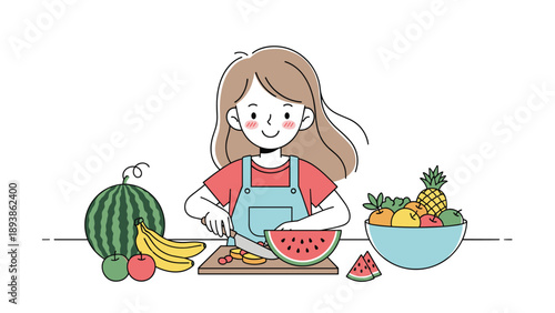 Cheerful young girl prepares a healthy snack by slicing fresh watermelon and other delicious fruits on a kitchen counter at home.