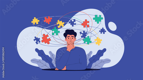 Confused man attempts to solve complex mental problems represented by swirling lines and colorful puzzle pieces around his head.