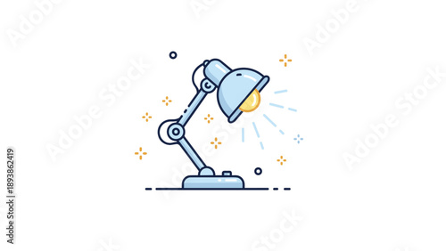 Clean and minimalist line art illustration of a classic adjustable desk lamp casting light rays in a bright and creative workspace.