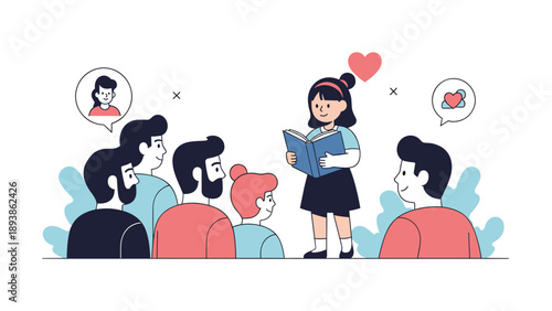 Dedicated student presents a story from her book to a group of interested listeners in a community or classroom setting with love.