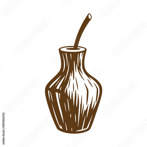 Vintage Grunge texture Brown wooden yerba mate gourd with a straw on a white background  traditional South American caffeine drink
