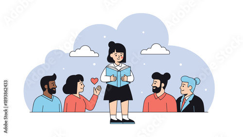 Young girl stands confidently in front of a diverse group of adults while reading a book aloud in a friendly and inclusive environment.
