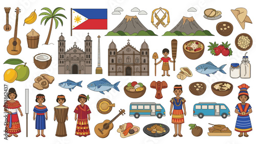Extensive collection of cultural icons from the Philippines featuring traditional clothing, local food, historic buildings, and nature.