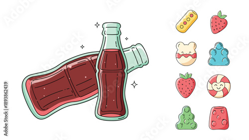 Illustrated set of iconic glass soda bottles accompanied by various colorful gummy candy shapes like bears, strawberries, and stars.