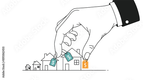 Conceptual line drawing of a large hand placing price tags with dollar signs on various houses to represent real estate market trends.