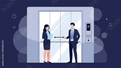 Professional man and woman practice social distancing while wearing protective face masks inside a modern elevator in an office building.