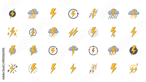 Variety of lightning bolt icons and weather symbols representing electricity, energy, storms, and fast charging technology concepts.