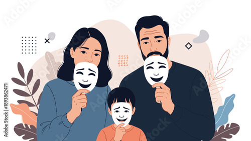 Family members hold up smiling masks to hide their true tired or worried expressions in a conceptual illustration about social pressure.