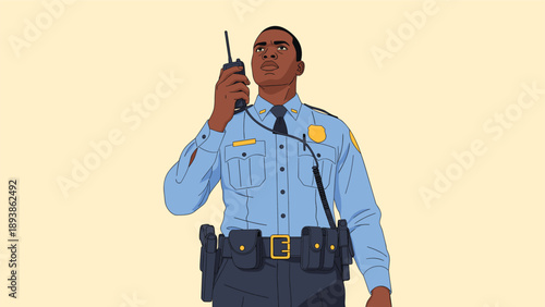 Brave police officer in a blue uniform stands tall while using his walkie talkie to communicate during an important law enforcement duty.