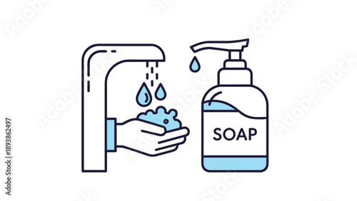 Simple and informative illustration demonstrating proper hand hygiene by using soap and water at a faucet to prevent the spread of germs.