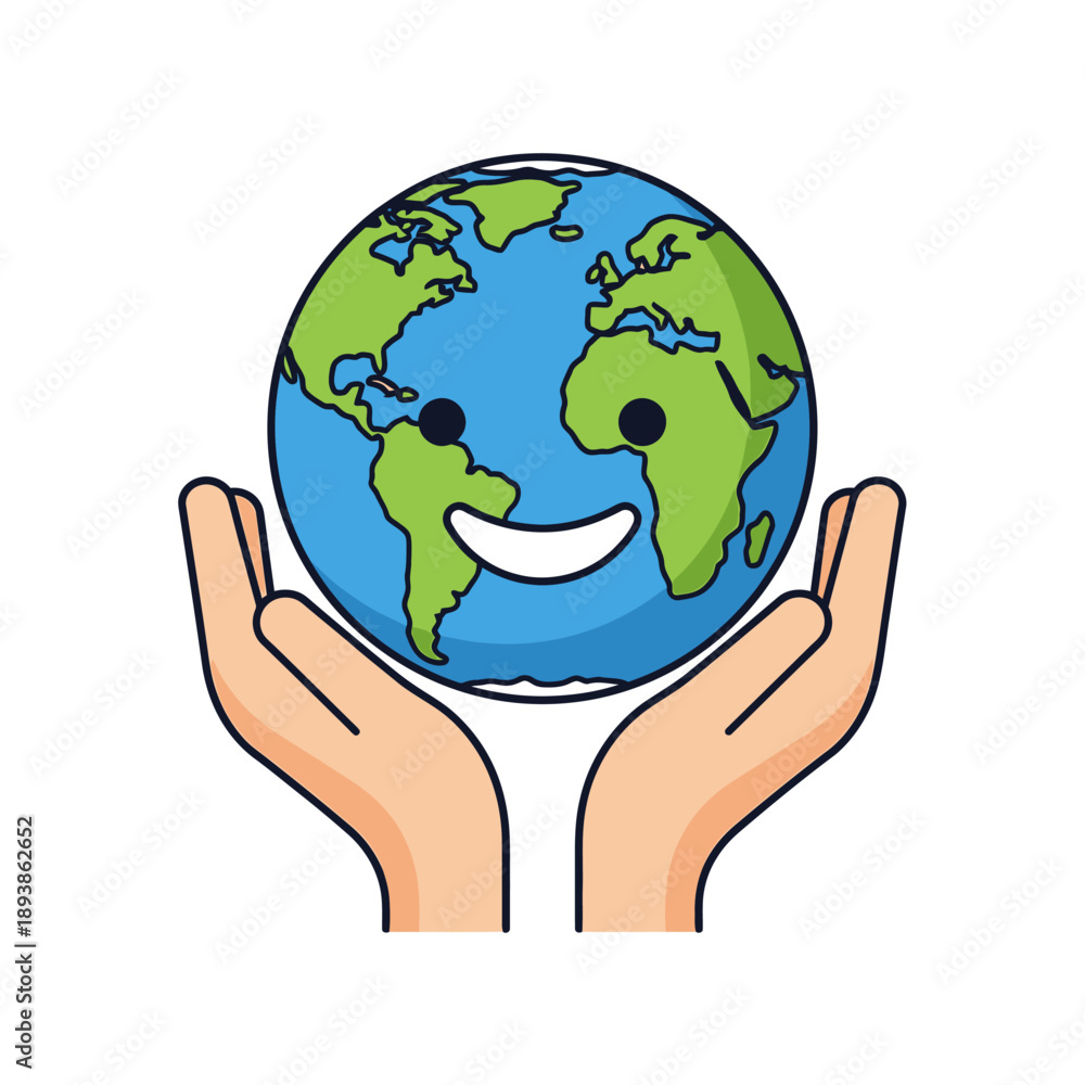Fototapeta premium Happy Earth Globe Held in Caring Hands, Eco-Friendly Concept