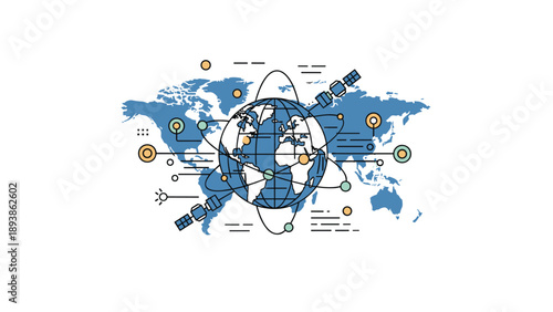 Detailed map of the world showing global satellite communication networks and various international data connections.