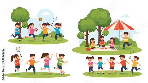 Multiple scenes of active children playing sports running and enjoying a peaceful picnic together in a bright green park.