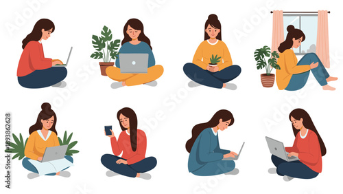 Collection of diverse young women sitting on the floor in different poses while working on laptops, reading books, and relaxing.