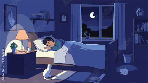 Peaceful pixel art scene depicting a young boy sleeping soundly in his bedroom at night while his cats rest nearby under the moonlight.