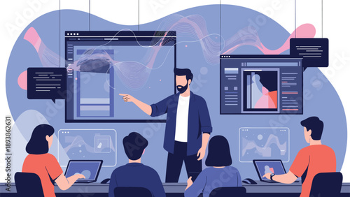 Professional developer gives a technical presentation on software interface design to a group of attentive colleagues in a modern office.