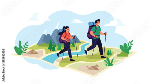 Energetic couple enjoys a scenic hiking trip across a stylized geographical map featuring mountains, rivers, and lush green forests.