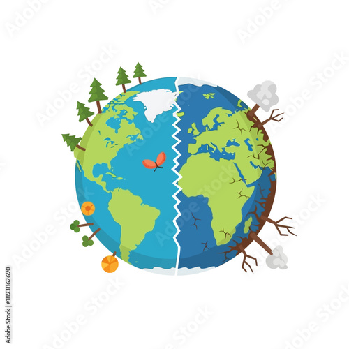 Earth Divided: Nature vs. Pollution, Climate Change Concept