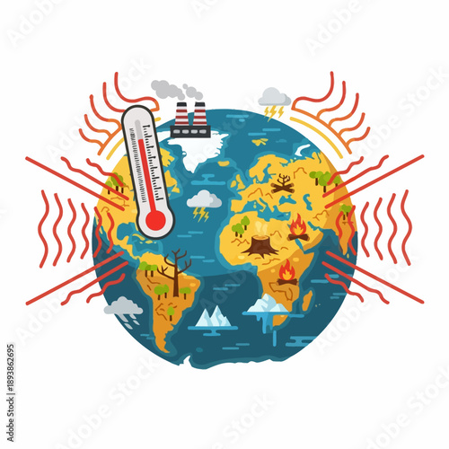 Climate Change and Global Warming Concept: Earth with Thermometer and Heat Waves