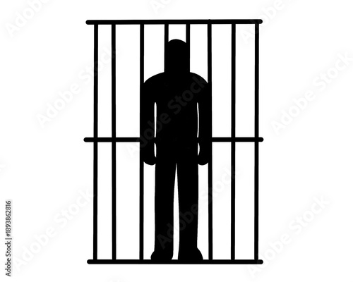 Silhouette of a man behind bars, vector illustration.
