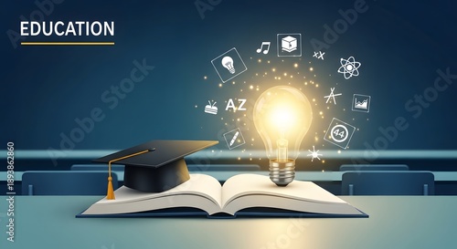 Glowing educational scene featuring a radiant lightbulb resting on an open book topped by a graduation hat surrounded by floating online education icons all set in a dreamy