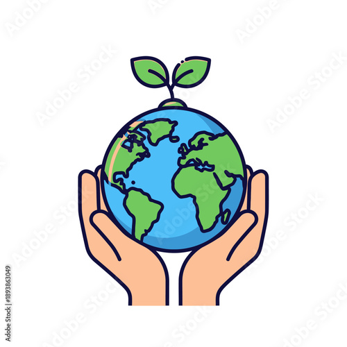 Hands holding Earth with growing plant, concept of environmental protection and ecology