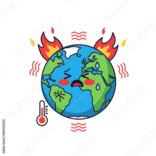 Sad Earth Planet Burning with Fire and Heat, Global Warming Concept