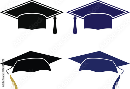 Graduation Cap Icons Set with Diploma and Celebrating Students. Academic cap symbol for university, college, or school ceremony and commencement.