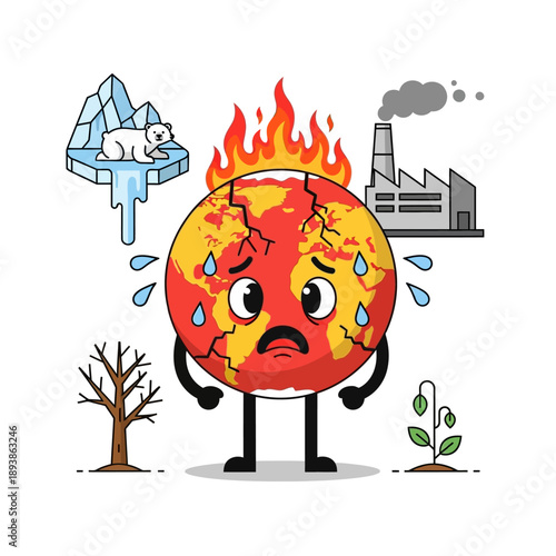 Sad Earth Character Burning and Melting Ice Caps, Global Warming Concept