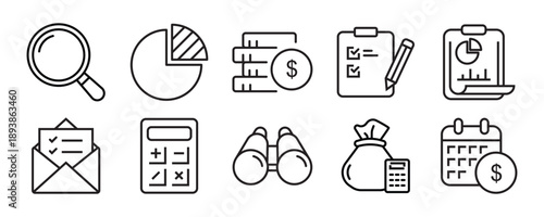A collection of audit thin line icons. Contains accounting, examination, inspection, audit, check, checklist document, approved, monitoring, evaluation, search, financial analysis. Vector illustration