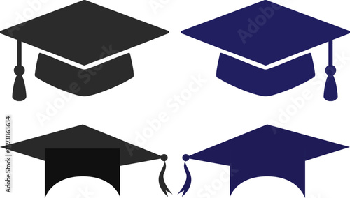 Graduation Cap Icons Set with Diploma and Celebrating Students. Academic cap symbol for university, college, or school ceremony and commencement.