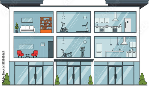 Modern apartment building exterior cross section with interior rooms including gym fitness center kitchen living room and lounge area, vector illustration