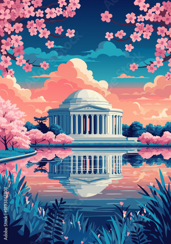 Vector illustration of Jefferson Memorial with cherry blossoms and reflecting pool in a vibrant sunset sky, digital art