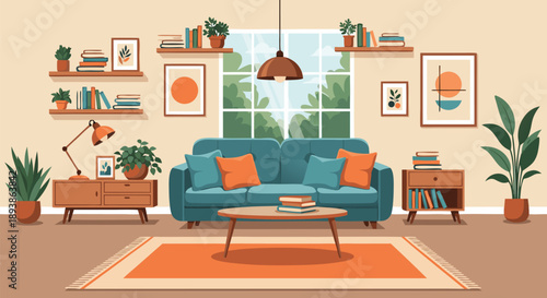 Cozy living room vector illustration with plush sofa, bookshelves, and potted plants, modern home interior design