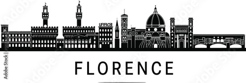 Black silhouette of Florence Italy skyline featuring the Duomo Palazzo Vecchio and Ponte Vecchio bridge landmarks vector illustration