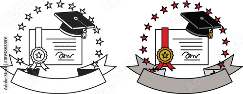 Graduation Cap Icons Set with Diploma and Celebrating Students. Academic cap symbol for university, college, or school ceremony and commencement.