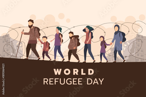 The primary image is a powerful flat-design illustration dedicated to World Refugee Day. It depicts a group of displaced individuals—men, women, and children—walking in a line, carrying their belongin