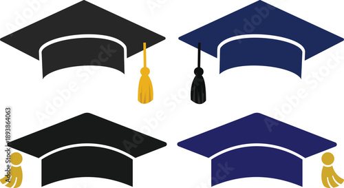 Graduation Cap Icons Set with Diploma and Celebrating Students. Academic cap symbol for university, college, or school ceremony and commencement.