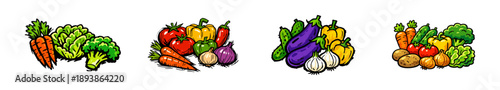 Hand-drawn colorful vegetable clusters featuring carrots, broccoli, tomatoes, peppers, and onions in a vibrant comic style on a white background.