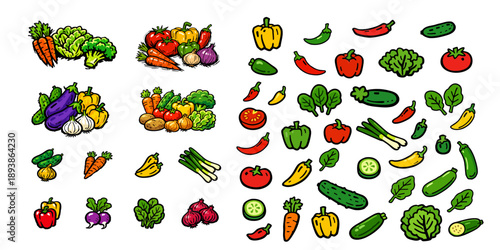 A comprehensive set of colorful hand-drawn vegetable illustrations, clusters and individual icons on a plain white background.