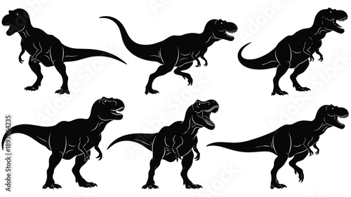 Black Silhouette Set of Tyrannosaurus Rex Dinosaurs, Prehistoric T-Rex Illustrations in Various Predator Poses for Jurassic Nature Design and Education,