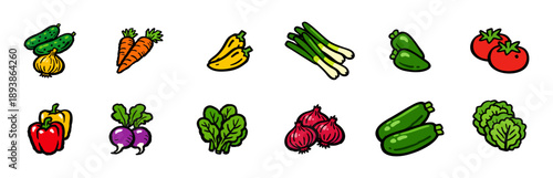A set of colorful hand-drawn vegetable icons including carrots, tomatoes, peppers, and leafy greens on a white background.