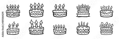 Hand-drawn birthday cake icons with lit candles. Set of simple black and white doodle illustrations for party and celebration designs.