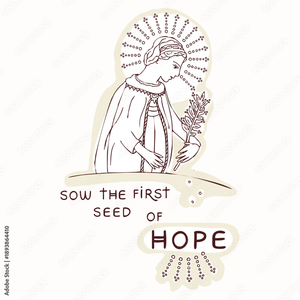 Fototapeta premium Angel of Hope with Lettering of New Year Encouragement card. Hand drawn vector motid for religious faith based graphic design for church, pilgrimage jubilee picture and christian holy mustard seed