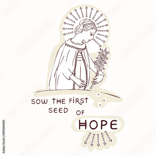 Angel of Hope with Lettering of New Year Encouragement card. Hand drawn vector motid for religious faith based graphic design for church, pilgrimage jubilee picture and christian holy mustard seed