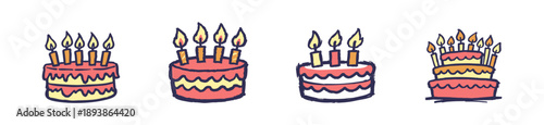 Set of four hand-drawn doodle illustrations of colorful birthday cakes with lit candles, perfect for celebrations and festive designs.