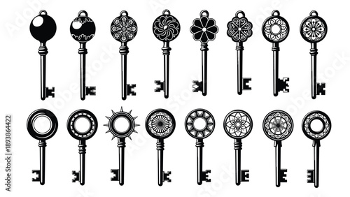 Black silhouette set of vintage ornamental keys with decorative heads, antique skeleton key collection, isolated on white background, vector illustration.