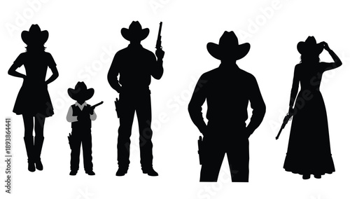 Black Silhouette Set of Western Cowboys and Cowgirls with Guns, Wild West Family Outlaws, Sheriff and Gunfighter Poses for Texas Graphics,